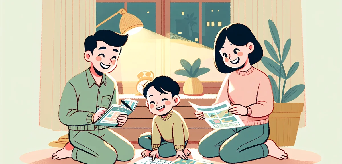 A happy Japanese family planning their golden week vacation together, looking at a calendar and trav