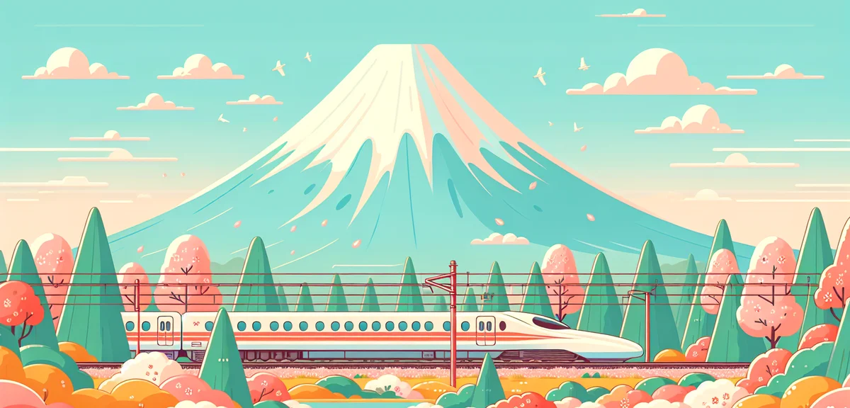 Japanese bullet train (shinkansen) passing by Mount Fuji during spring with blue sky, representing g