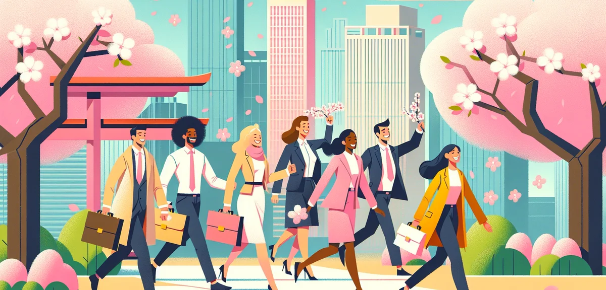 Japanese office workers happily leaving work for golden week vacation, cherry blossom trees, bright 