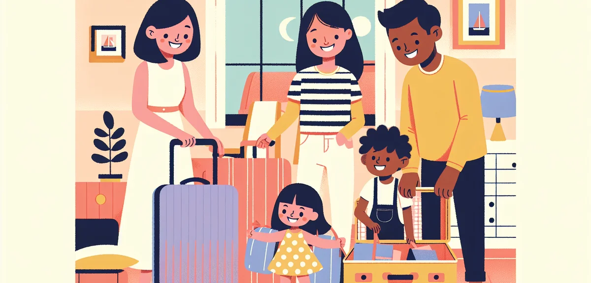 Japanese family packing suitcases for golden week trip, excited children, warm home interior, lifest