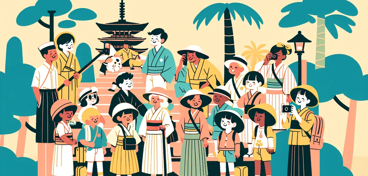 Japanese tourists dressed in light spring clothing enjoying sightseeing, comfortable weather, natura