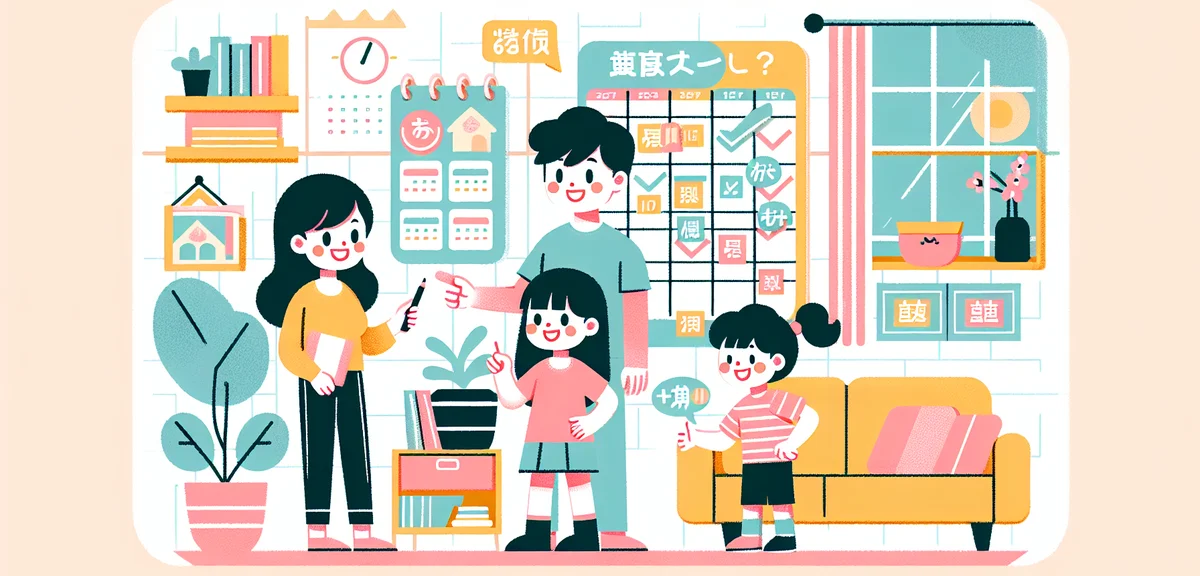 Japanese family planning vacation looking at calendar, happy discussion, living room scene