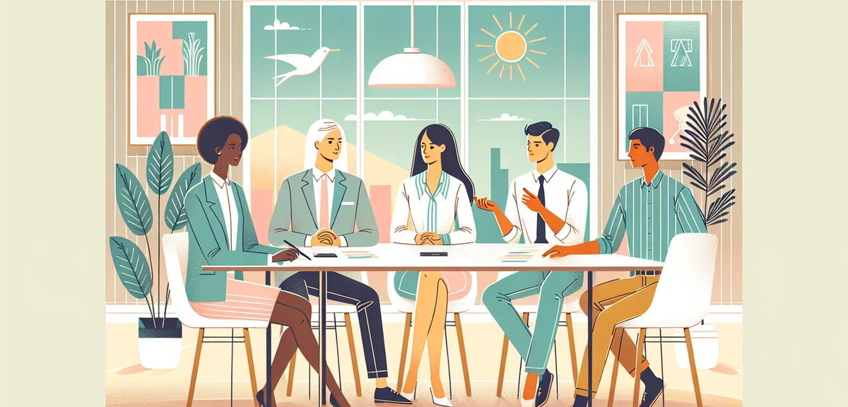 Office workers discussing holiday schedule, business casual, meeting room