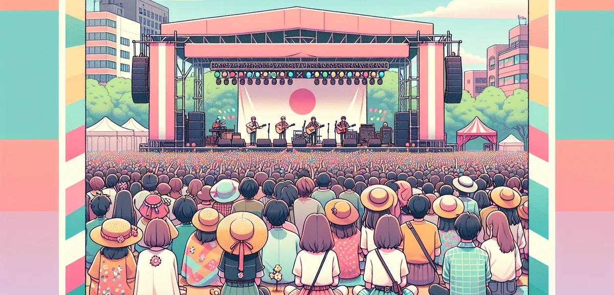 Japanese music festival outdoor stage with crowd enjoying live performance, spring weather, colorful