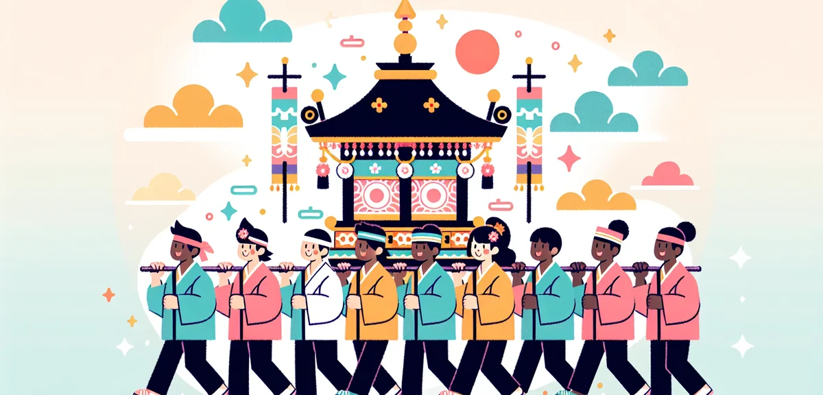 Traditional Japanese matsuri festival with mikoshi portable shrine, people in happi coats, festive a