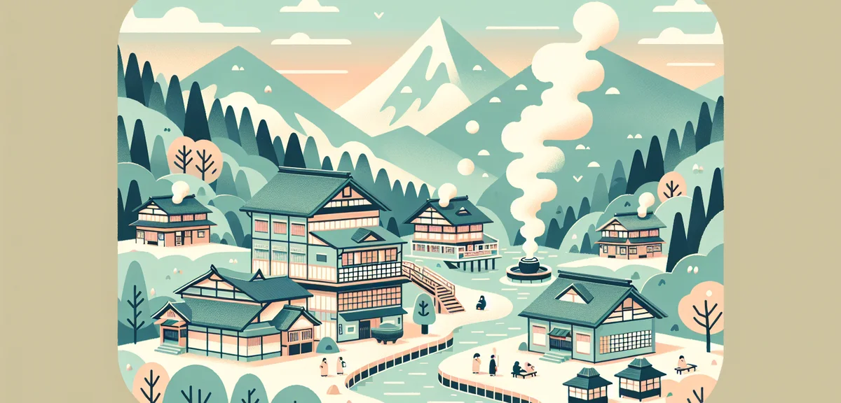 Hidden Japanese hot spring town with traditional ryokan, steam rising, peaceful mountain setting, fe