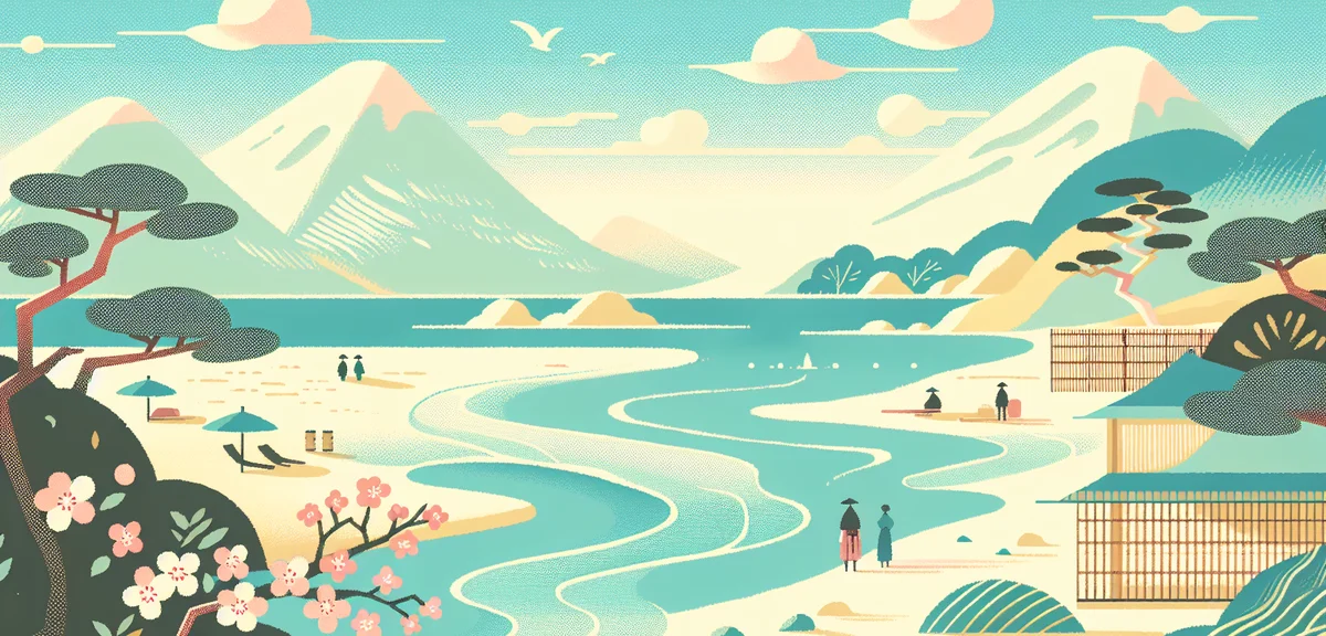 Secluded Japanese beach with crystal clear water, minimal crowd, spring weather, relaxing coastal sc