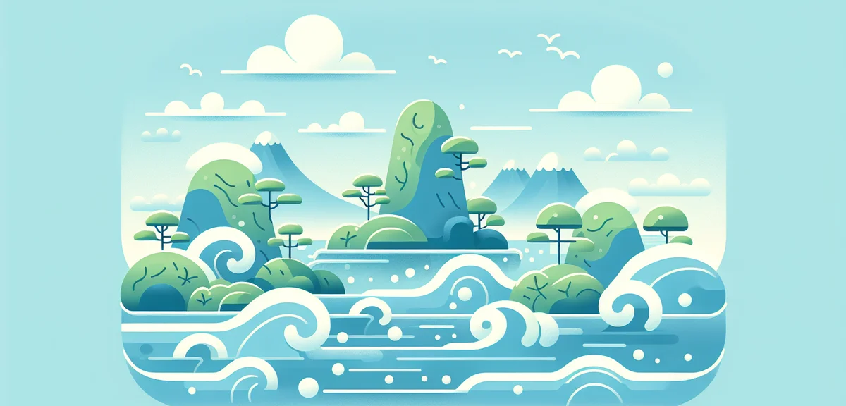 Beautiful Japanese coastal scenery with blue ocean and green islands, spring travel destination, sce