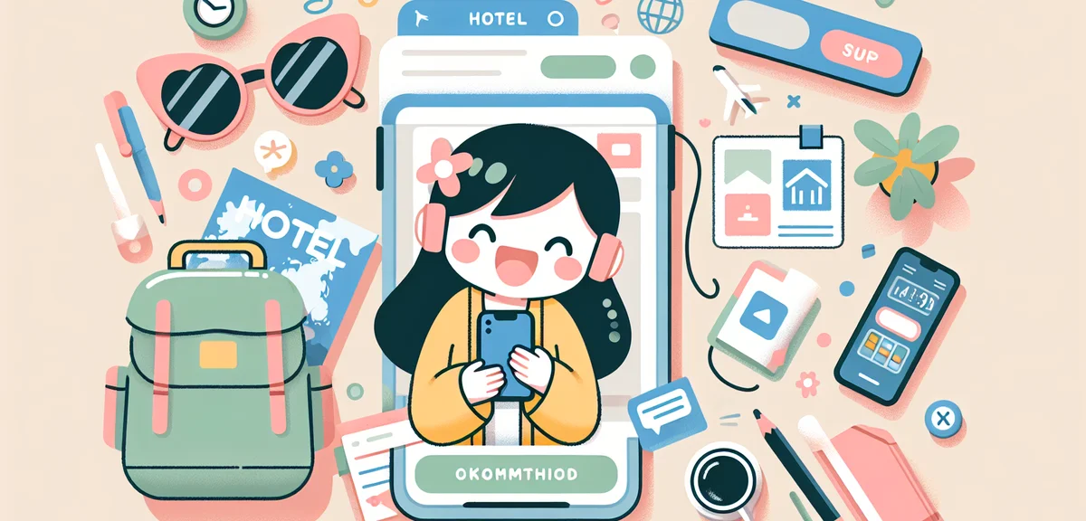 Japanese traveler booking hotel on smartphone with travel planning materials, modern lifestyle