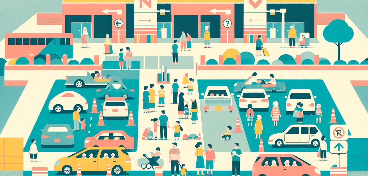 Japanese service area parking lot full of cars during busy holiday, families taking rest