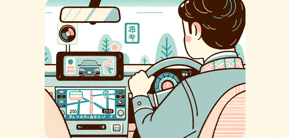 Japanese driver checking traffic information on car navigation system, dashboard view