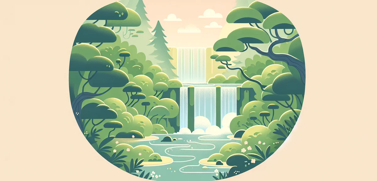 Hidden Japanese waterfall in lush green forest, mystical atmosphere, no crowds, natural beauty