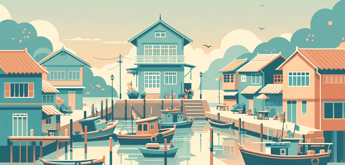 Quiet Japanese fishing village with traditional boats, peaceful harbor, local atmosphere