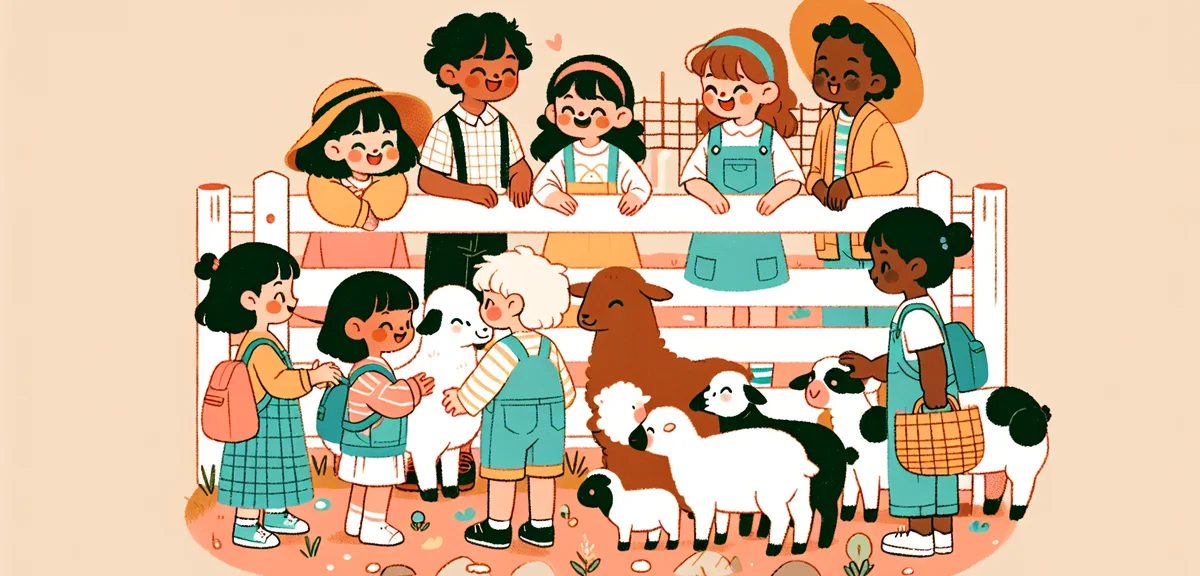 Japanese children playing at petting zoo with farm animals, educational family outing