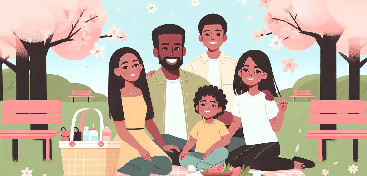 Japanese family having picnic in peaceful park with cherry blossoms, relaxing spring day