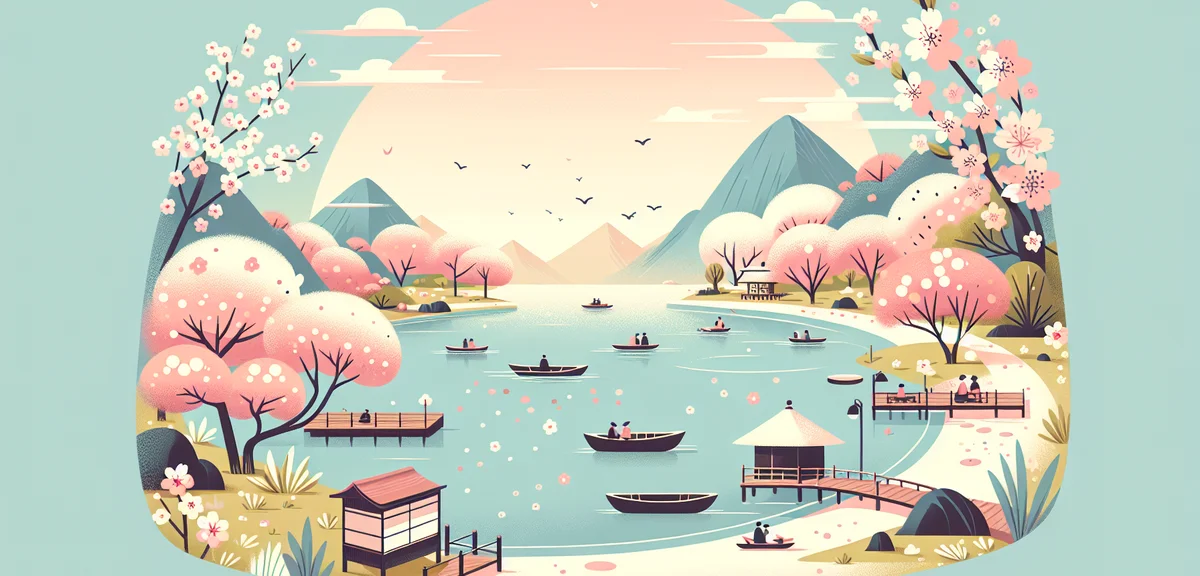 Japanese lake with boats and spring cherry blossoms, peaceful recreation area, few visitors
