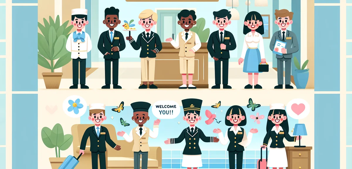 Japanese resort hotel staff welcoming guests, spring tourism season, professional service