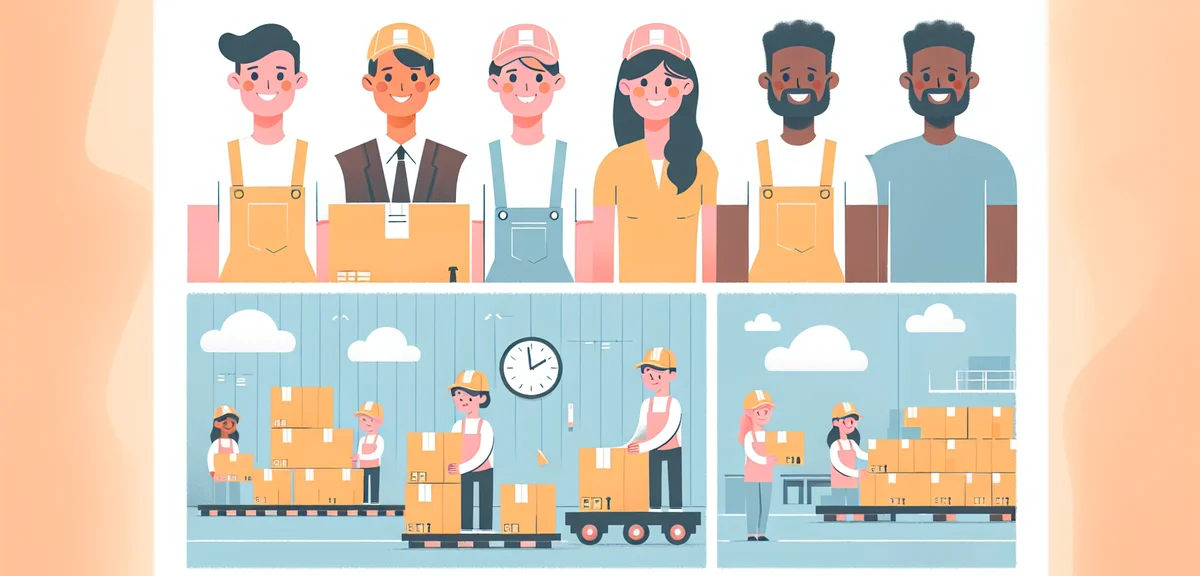 Warehouse workers sorting packages efficiently, logistics operation, team work