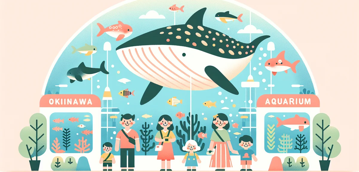 Okinawa aquarium with giant whale shark, families enjoying, impressive marine life display