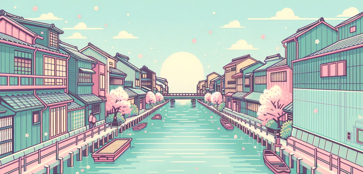 Otaru canal with historic warehouses, spring cherry blossoms, peaceful nostalgic scenery