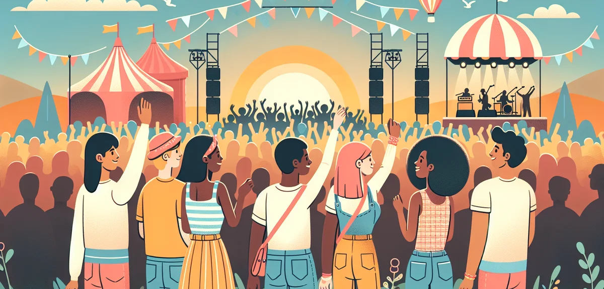 Festival goers with raised hands at sunset, outdoor concert atmosphere, spring weather