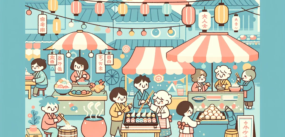 Food stalls at Japanese music festival, people enjoying festival food, lively atmosphere