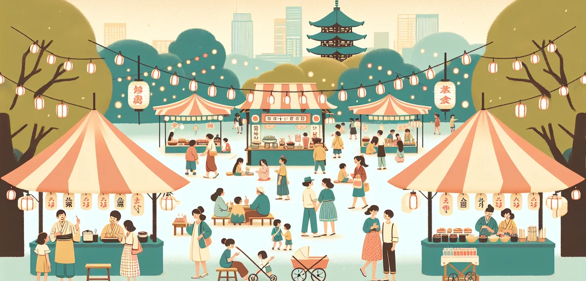 Japanese traditional festival in Tokyo park, food stalls and lanterns, families enjoying
