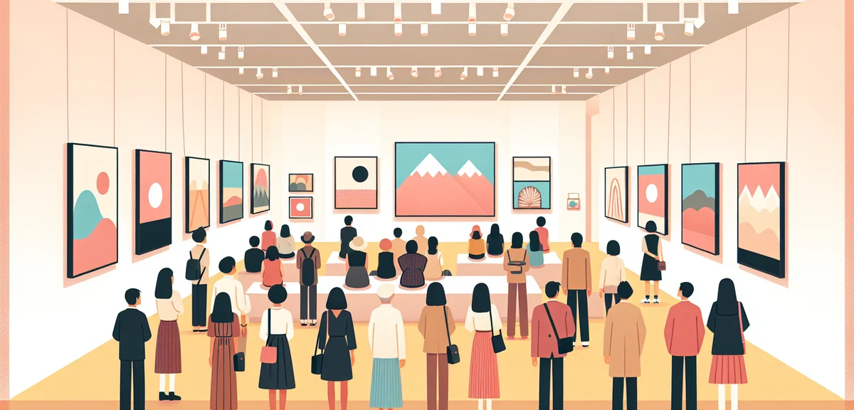 Modern art exhibition in Tokyo museum, stylish interior, visitors appreciating artwork