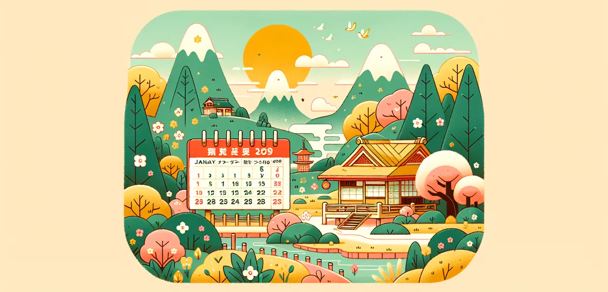Japanese calendar showing Golden Week holidays, spring season, cultural illustration