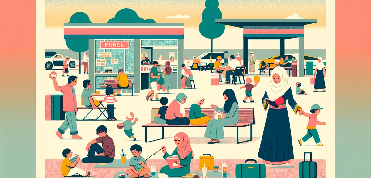 Highway service area crowded with travelers, families resting, food court