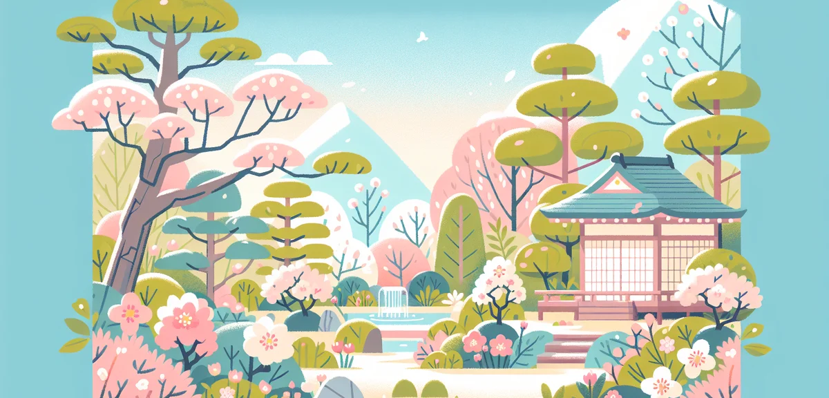 Beautiful Japanese garden with spring flowers, peaceful atmosphere, traditional scenery