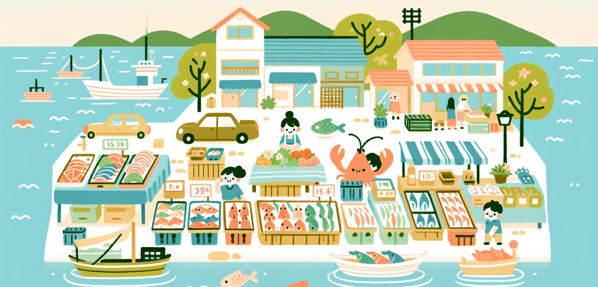 Coastal town in Japan during spring, fresh seafood market, seaside tourism