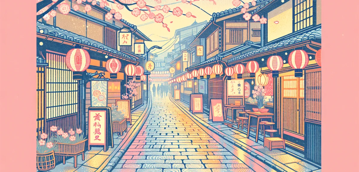 Kyoto traditional street with spring decorations, geisha district, beautiful scenery