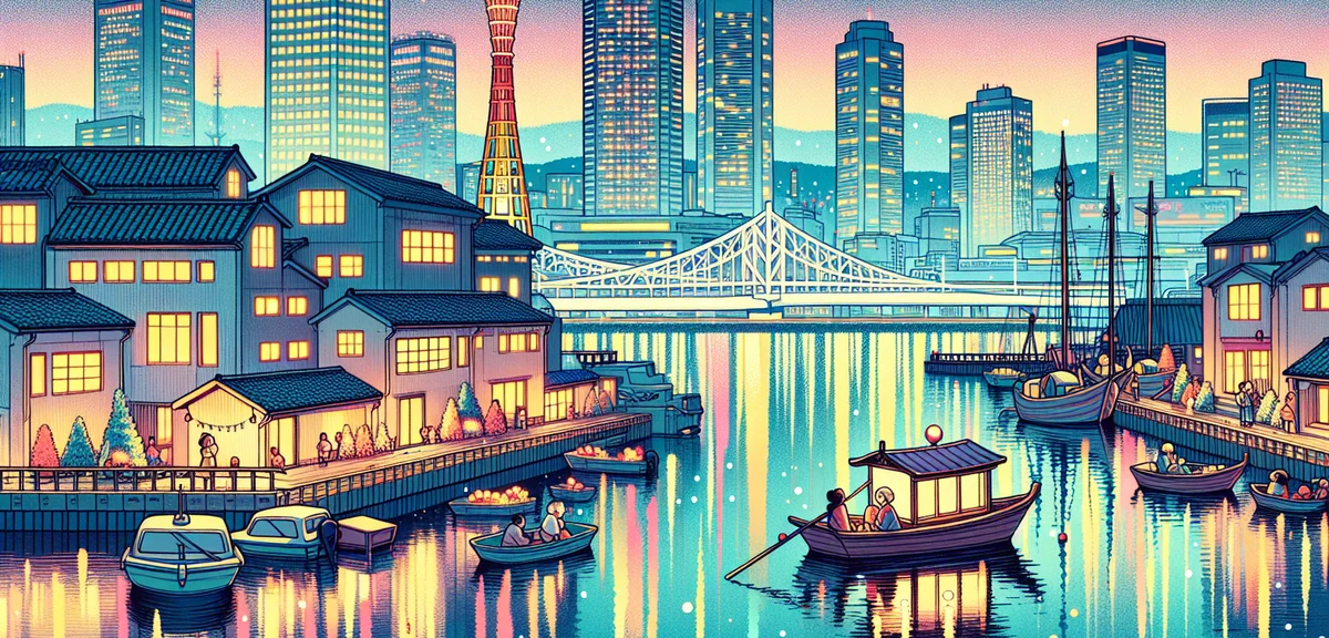 Kobe harbor night view with illumination, modern cityscape, romantic atmosphere