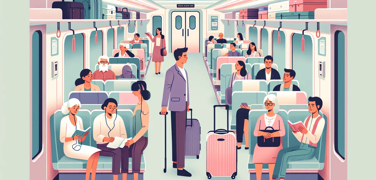 Inside Shinkansen train, passengers with luggage, comfortable travel experience