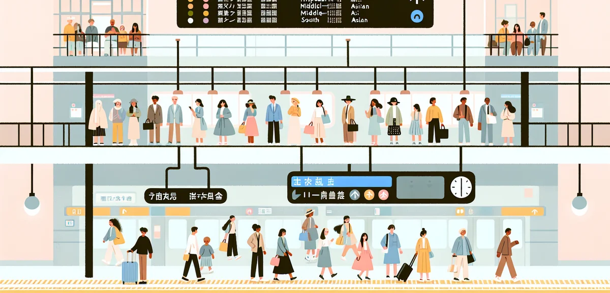 Tokyo Station Shinkansen platform, busy travelers, departure board display