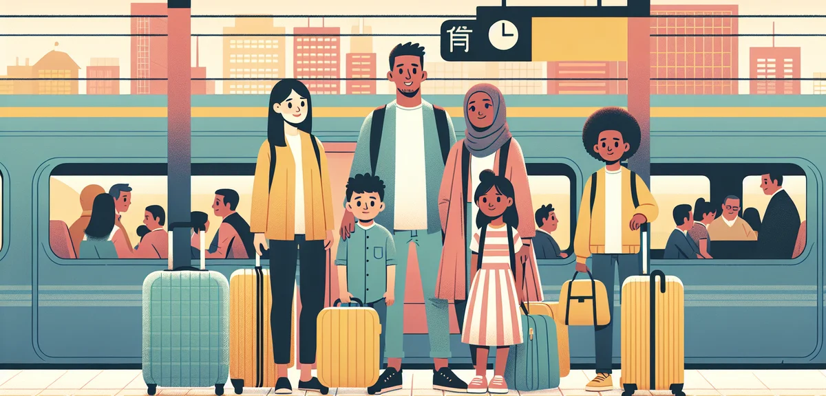 Family with children waiting at Shinkansen platform during Golden Week, luggage and travel bags, Jap