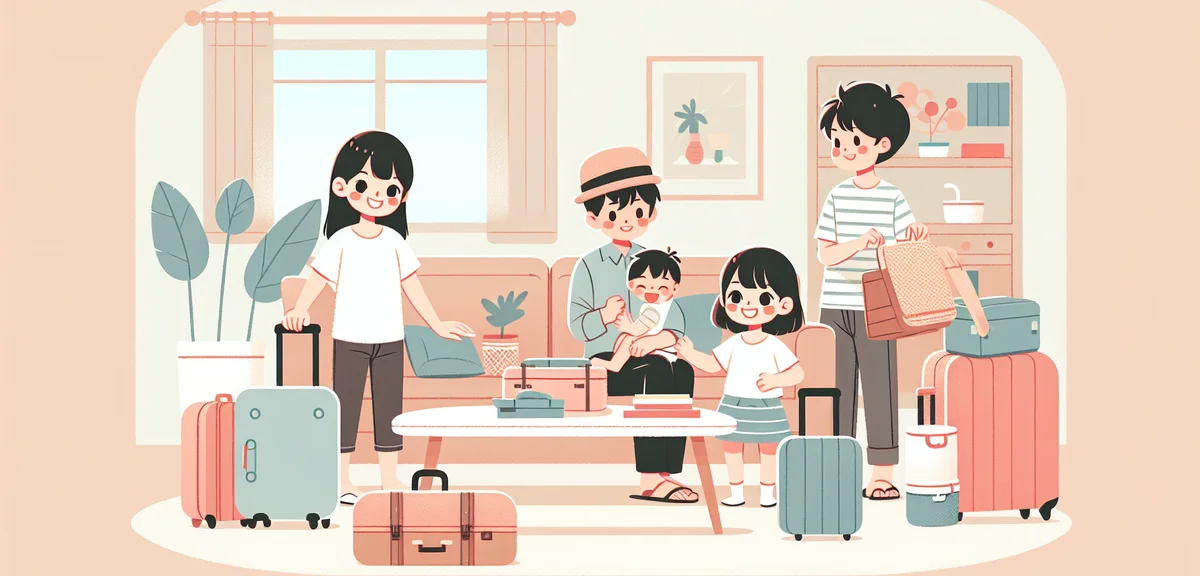 Japanese family packing suitcases at home, end of vacation preparation, living room scene