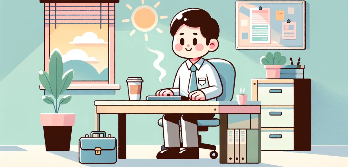 Japanese office worker at desk on first day back from holiday, coffee cup, morning sunlight