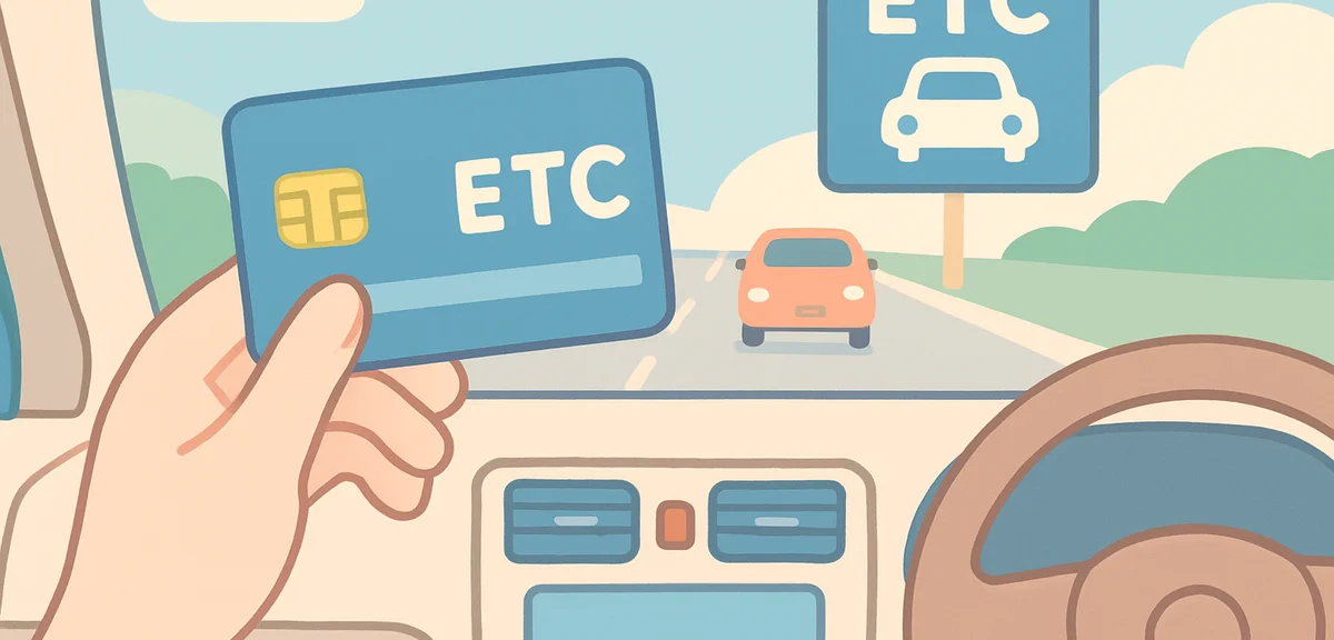 Close up of ETC card and car dashboard, highway discount concept, modern Japanese car interior