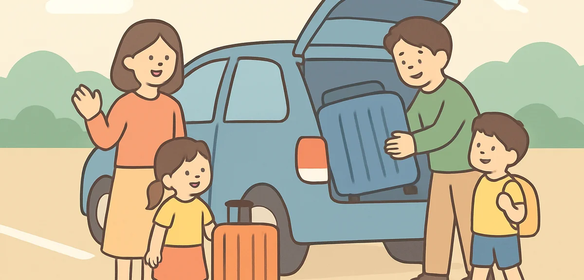 Family loading luggage into car for golden week trip, highway travel preparation scene