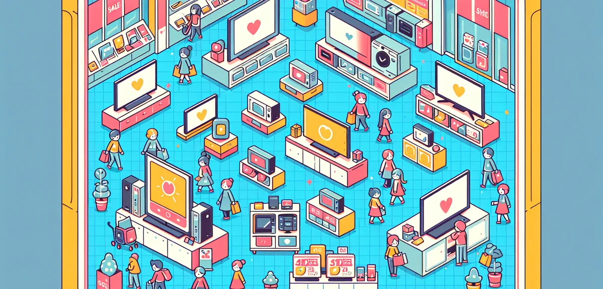 Japanese electronics store with sale banners during golden week, TVs and appliances on display, cust