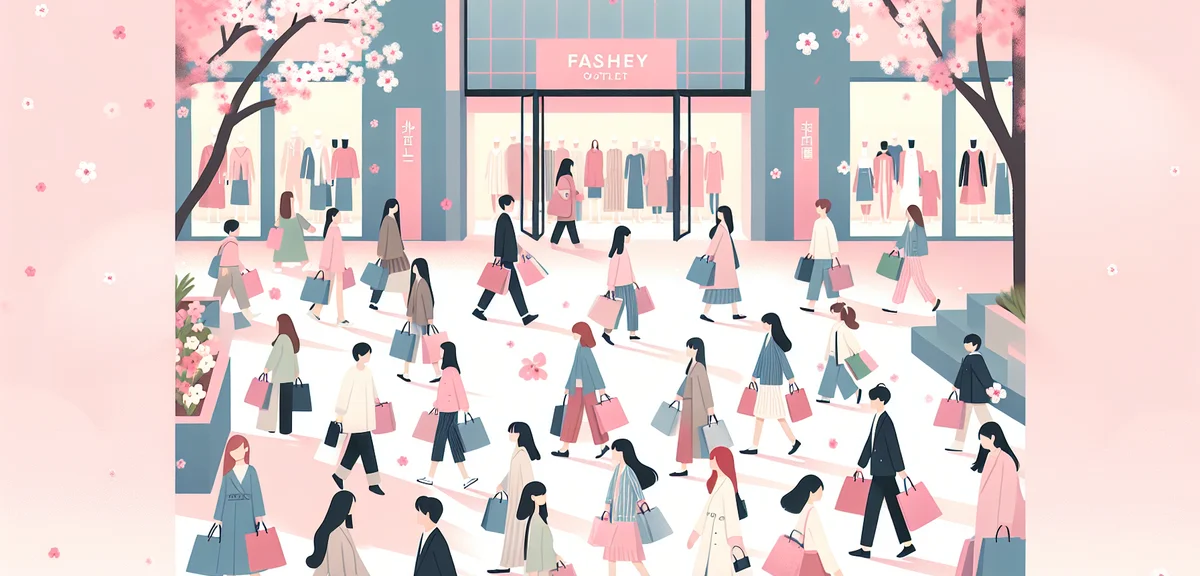 Fashion outlet mall in Japan during spring sale, shoppers with bags walking, cherry blossoms visible