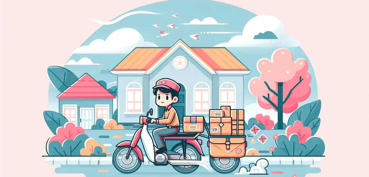 Mail delivery person on motorcycle delivering packages during holiday season, Japanese residential a