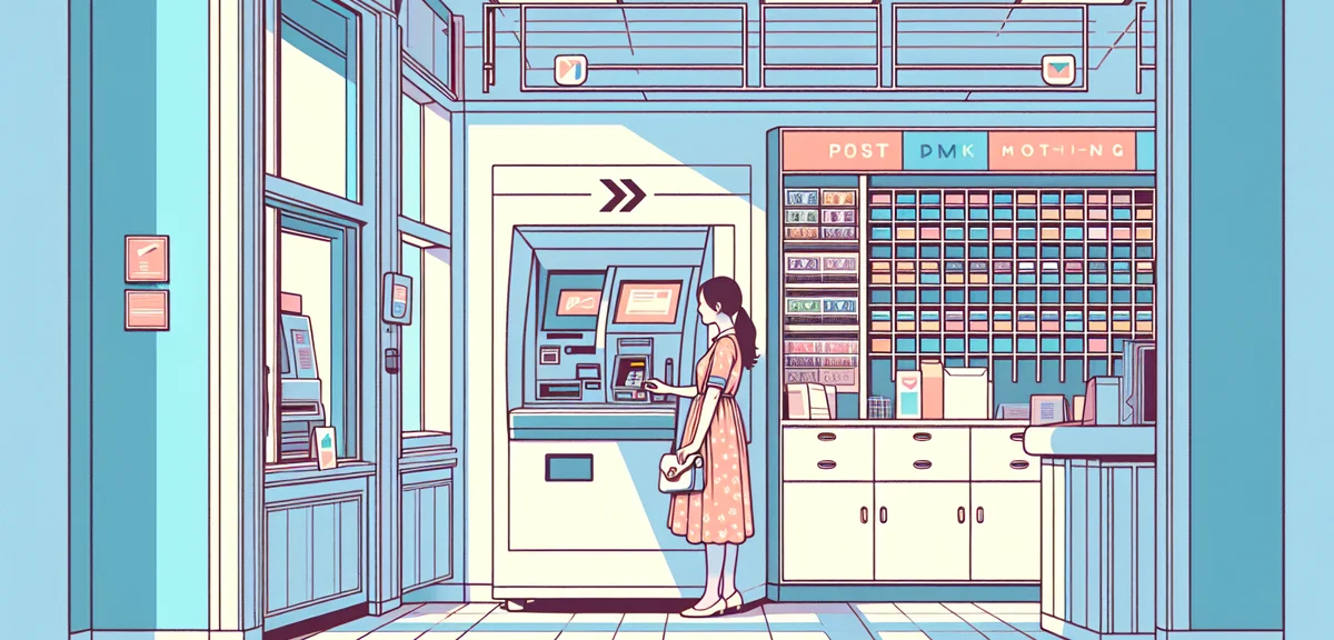 Person using Japan Post ATM machine, modern clean post office interior, bright lighting