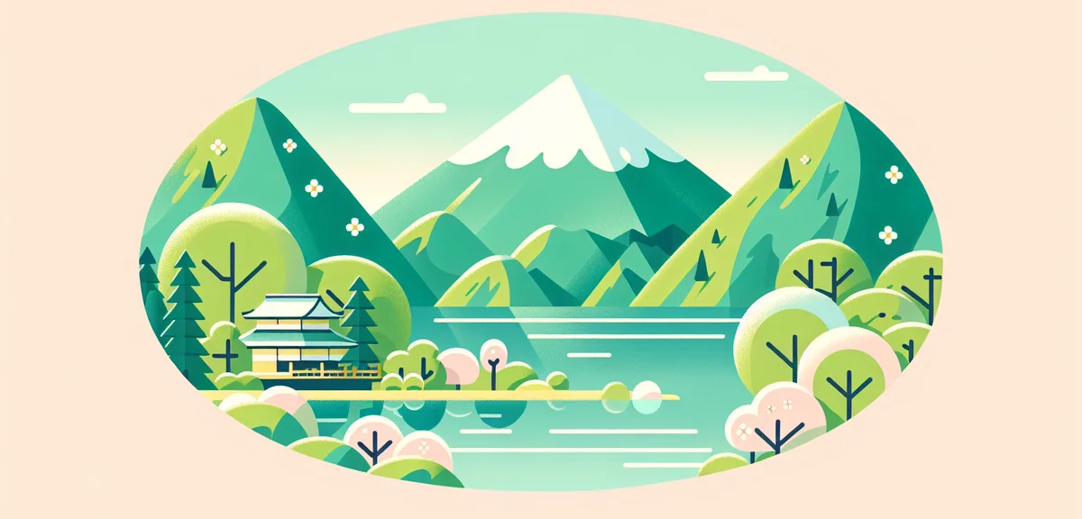 Scenic Japanese lake surrounded by fresh green mountains, serene spring landscape, nature retreat