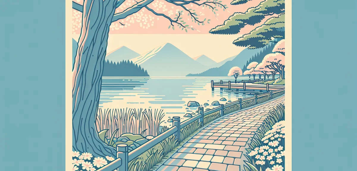 Beautiful lake shore in Shiga prefecture with mountains, peaceful spring scenery, empty walking path