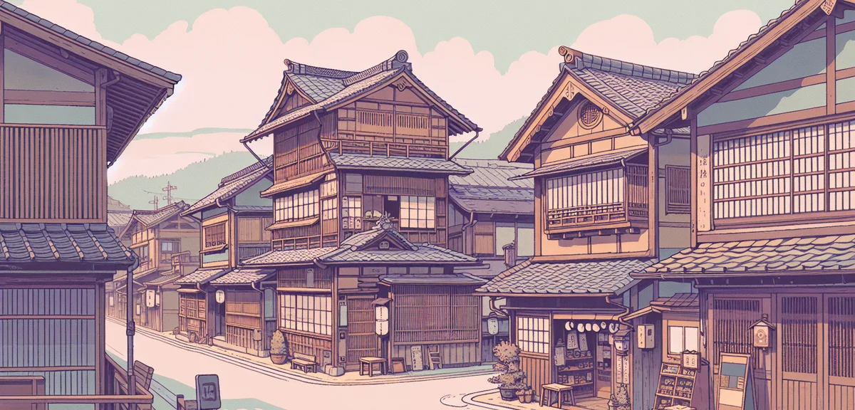 Traditional Japanese town with old wooden buildings, quiet street scene, local atmosphere