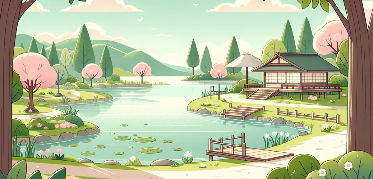 Scenic Japanese lake surrounded by spring greenery, peaceful recreational area, calm water reflectio