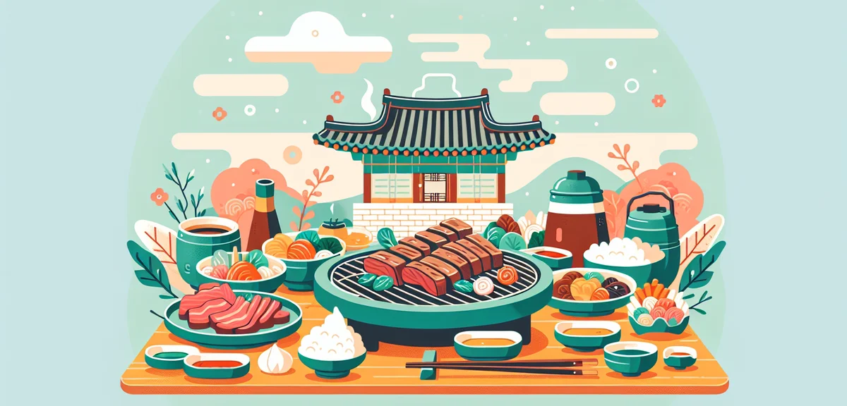 Delicious Korean BBQ spread with beef, side dishes, and grill at traditional Korean restaurant, appe